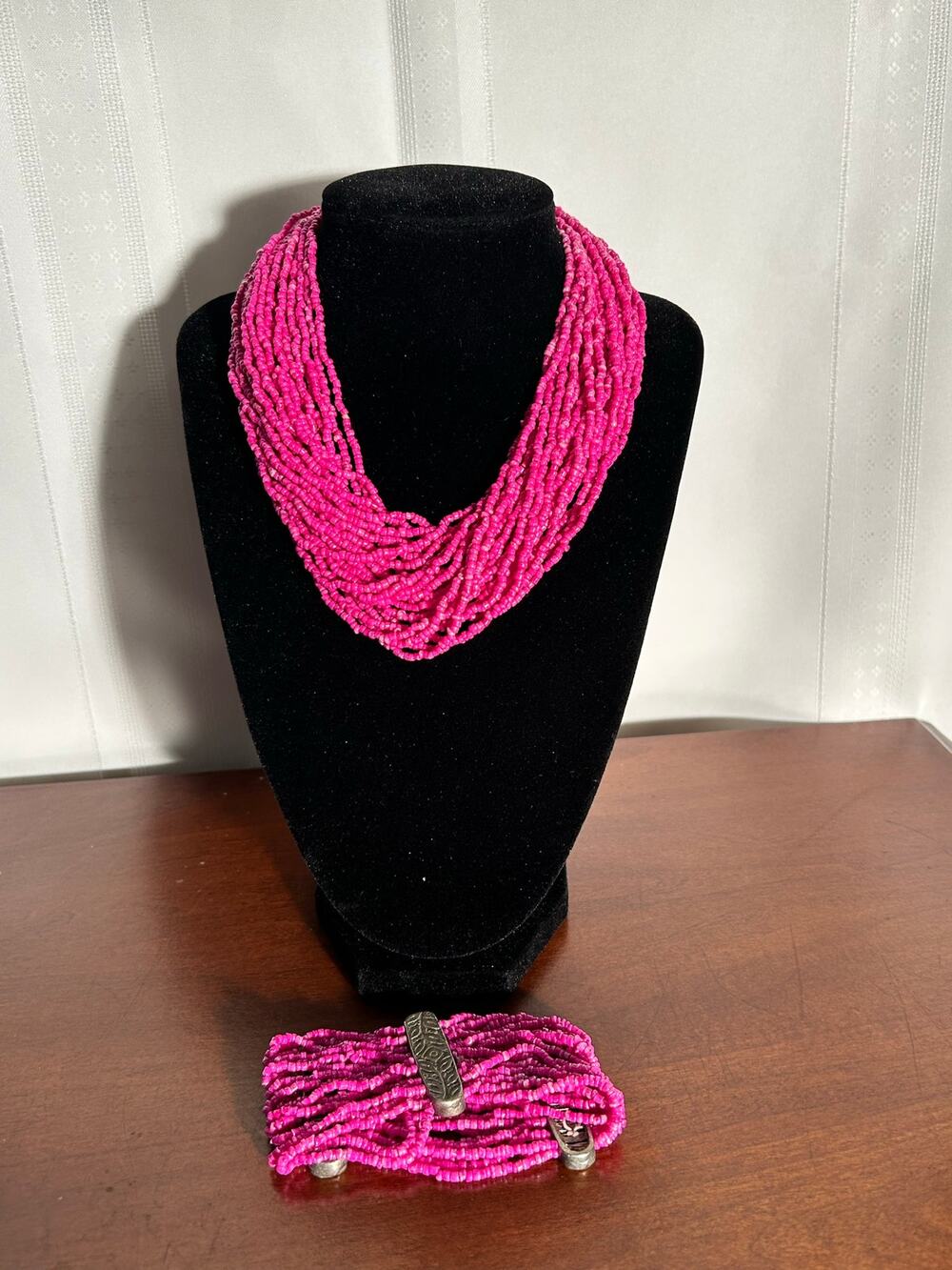 Vintage 36" Pink Multi Strand Necklace & Stretch Bracelet Set Metal Accents